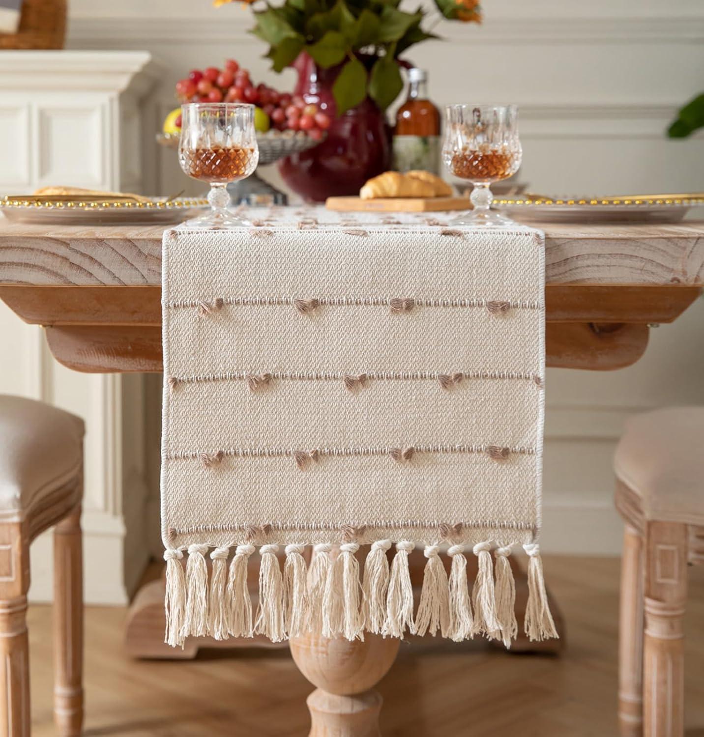 Foundry Select Boho Table Runner 13 X 108 Inch Long Natural Cotton Woven Runner With Tassels For Home Dining Table Décor, For Modern Farmhouse Decor Coffee Table Runner, Taupe And Beige