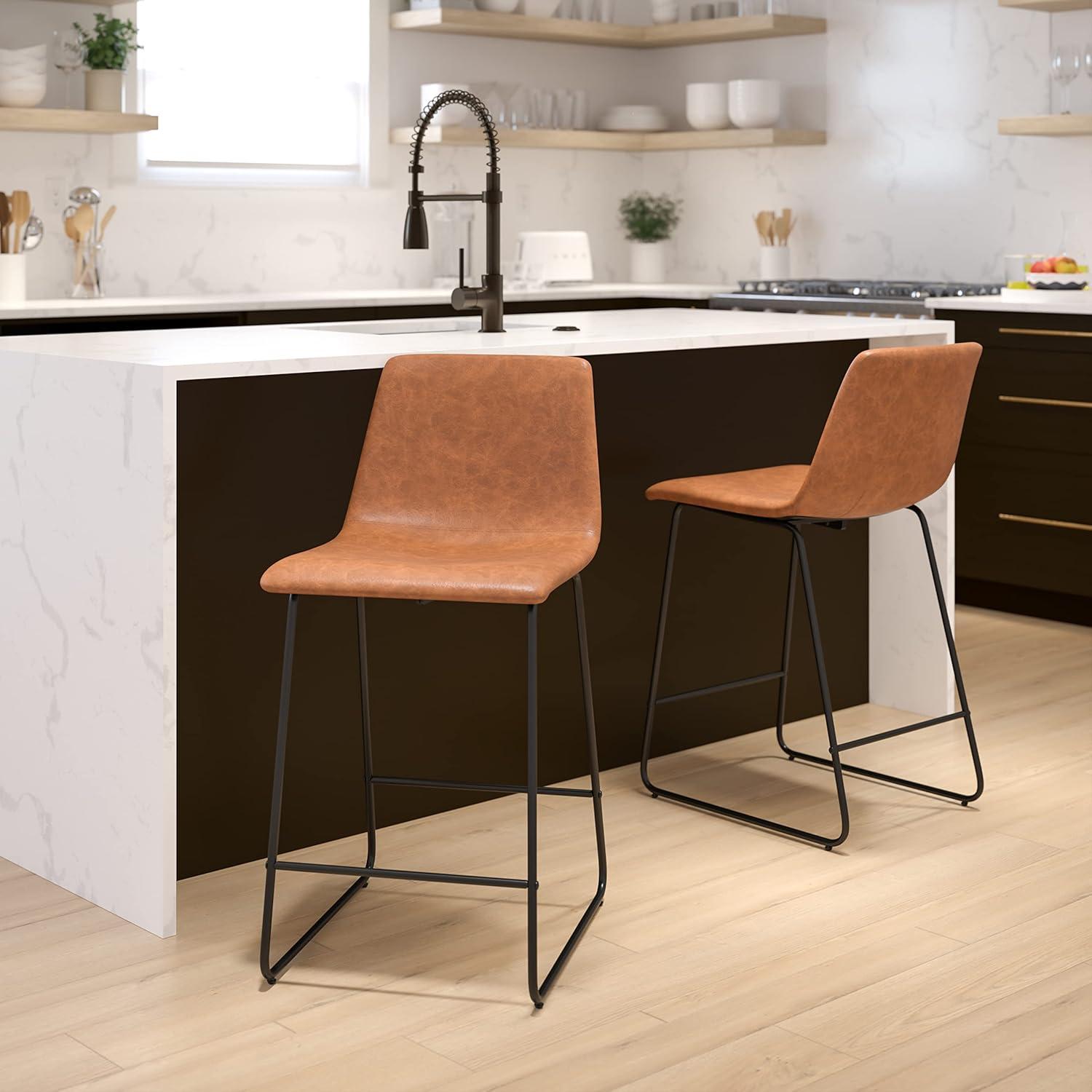 Reagan Light Brown Leather Counter Height Barstools, Set of 2