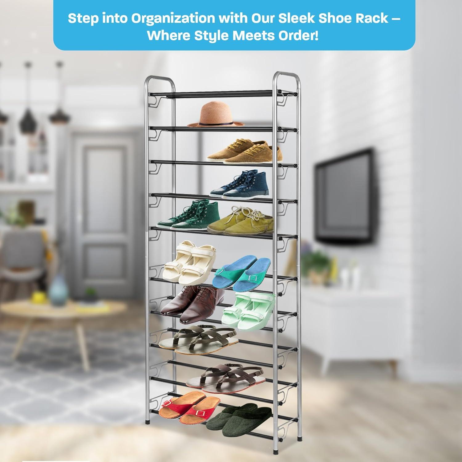 Tall Silver and Black Metal 10-Tier Shoe Rack