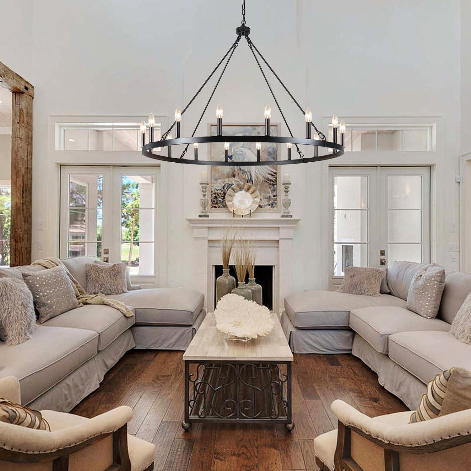 16-Lights Wagon Wheel Chandelier 47 Inch Black Farmhouse Chandelier Large Chandeliers for High Ceilings Round Modern Farmhouse Chandeliers Ceiling Light for Living Room Dining Room Foyer Entryway