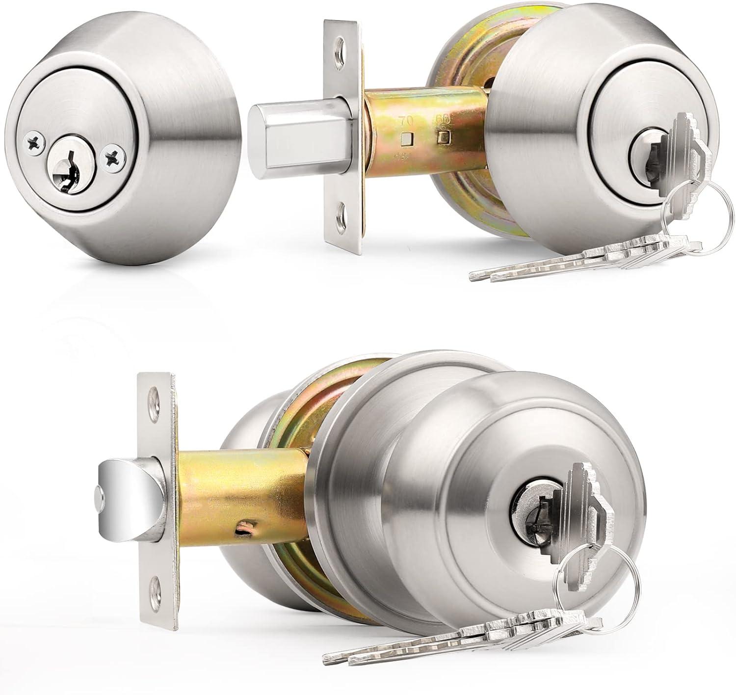 Brushed Nickel Round Stainless Steel Entry Knob and Deadbolt Set