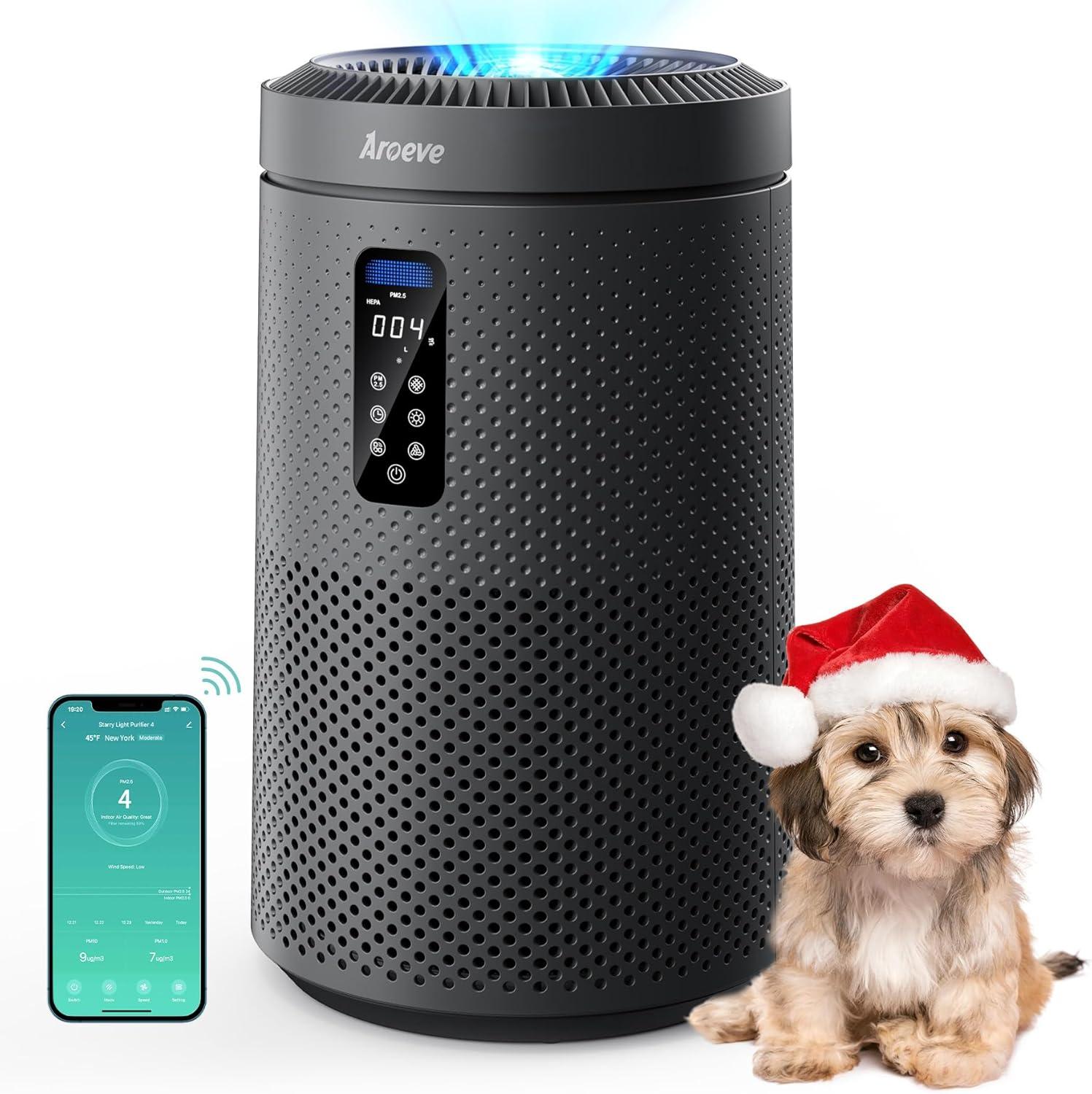AROEVE Air Purifier for Large Rooms up to 1,782 Sq. Ft. with Star Projector, Smart WiFi, Air Quality Sensor, UV Function, and Washable Filter for Whole Home Use for a Cozy Holiday, MK09W Black