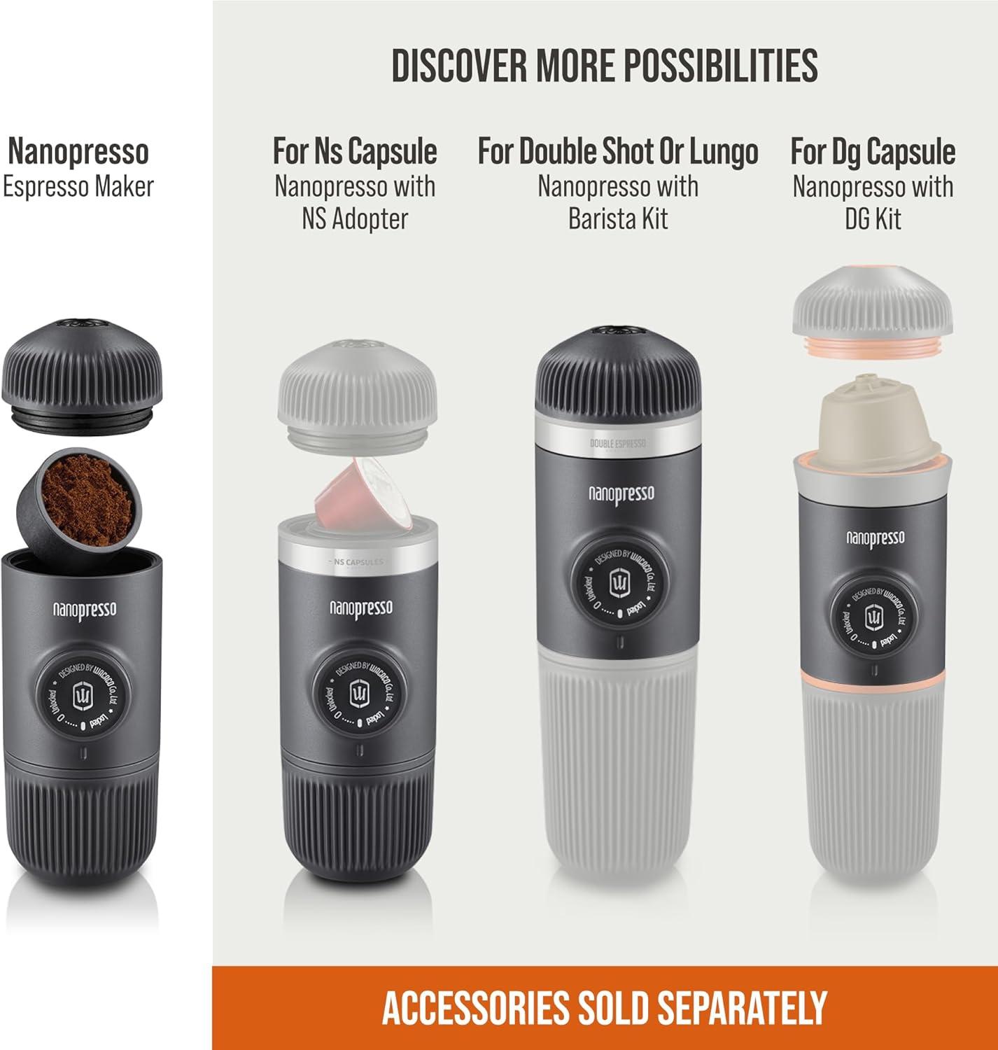 Wacaco Nanopresso Portable Espresso Maker, Upgrade Version of Minipresso, 18 Bar Pressure, Small Travel New Coffee Maker, Manually Operated. Perfect for Kitchen and Office