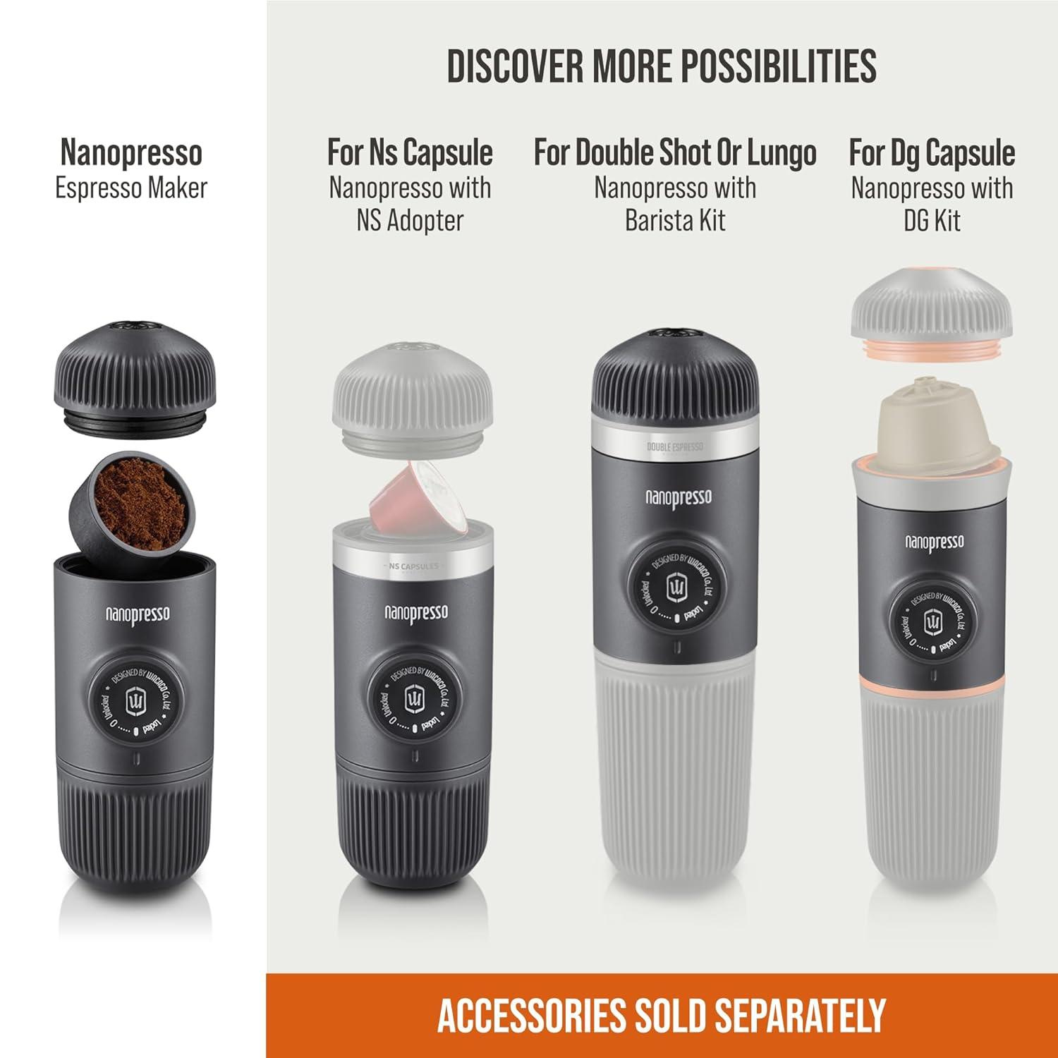 Wacaco Nanopresso Portable Espresso Maker, Upgrade Version of Minipresso, 18 Bar Pressure, Small Travel New Coffee Maker, Manually Operated. Perfect for Kitchen and Office