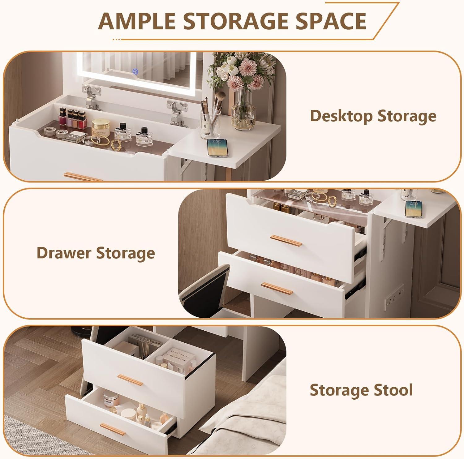 Makeup Vanity Desk with Mirror and Lights, 3-in-1 Vanity Set with 3 Drawers, Small Makeup Vanity with Hidden Stool, Compact Dressing Table Charging Station for Bedroom-White