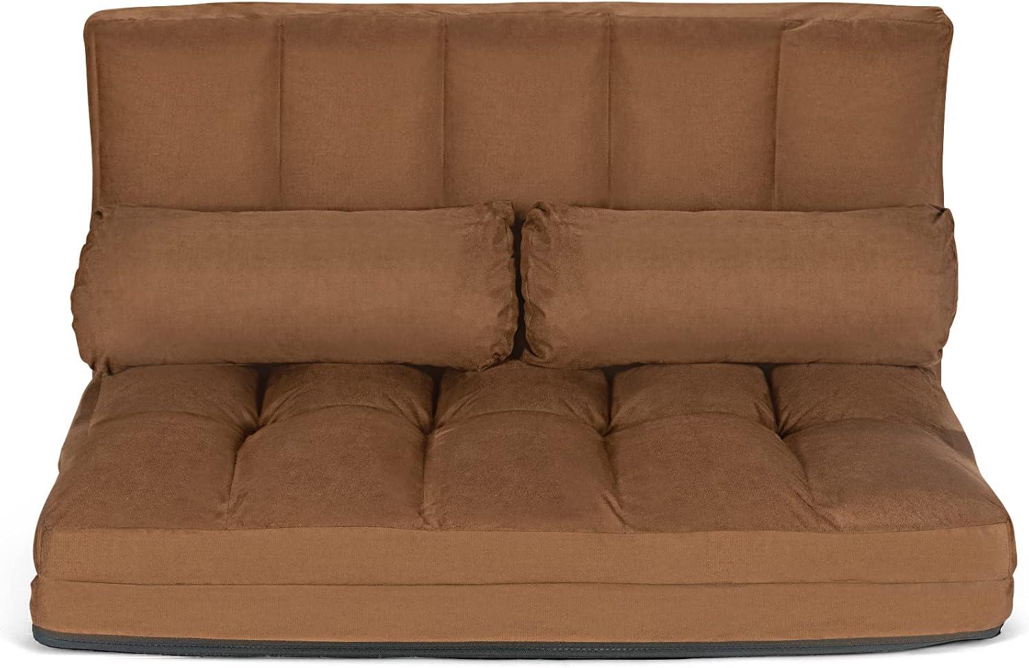 XIAOTAO Adjustable Floor Sofa, 6-Position Foldable Lazy Sofa Bed, Durable & Stable Suede Floor Seating Couch with 2 Pillows (Brown)