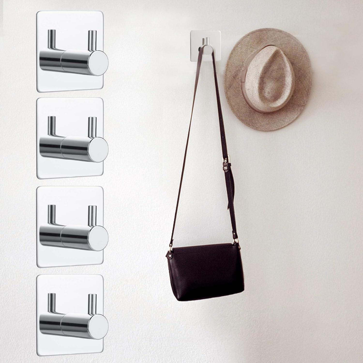 4 Pack Silver Adhesive Wall Hooks - Practical Rounded Corner Design - 304 Stainless Steel Bathroom Towel Hooks