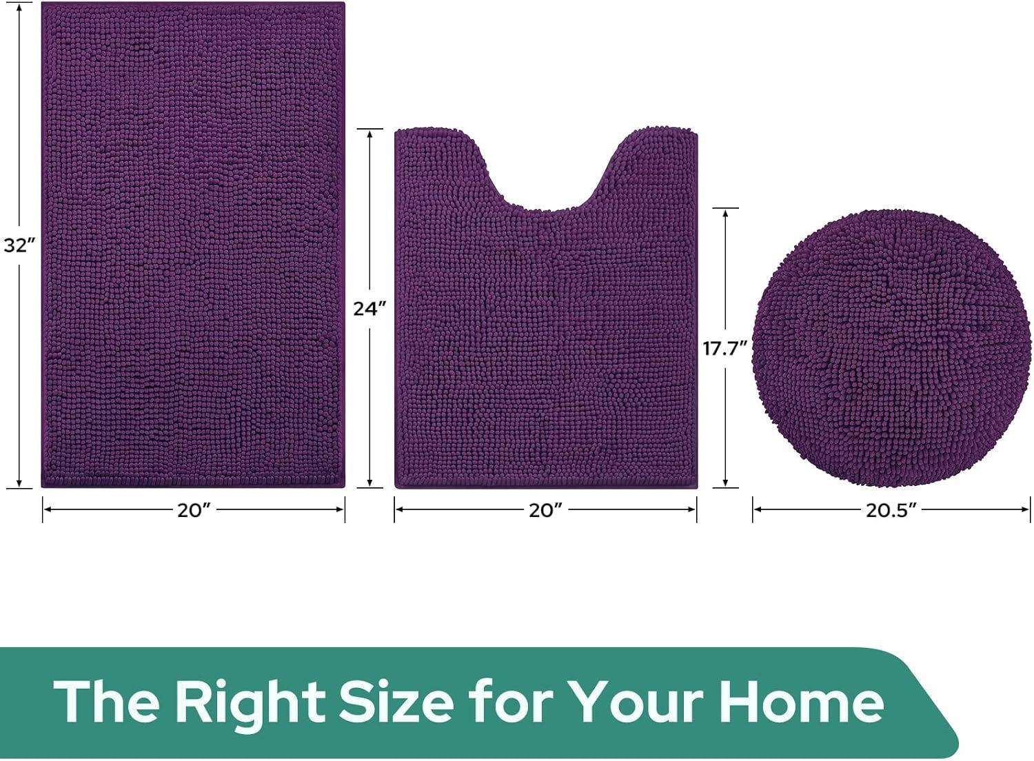 HOMEIDEAS 3 Pieces Dark Purple Bathroom Rugs Set, Ultra Soft Non Slip Bath Rug and Absorbent Chenille Bath Mat, Includes U-Shaped Contour Rug, Bath Mat and Toilet Lid Cover, Perfect for Bathroom Floor