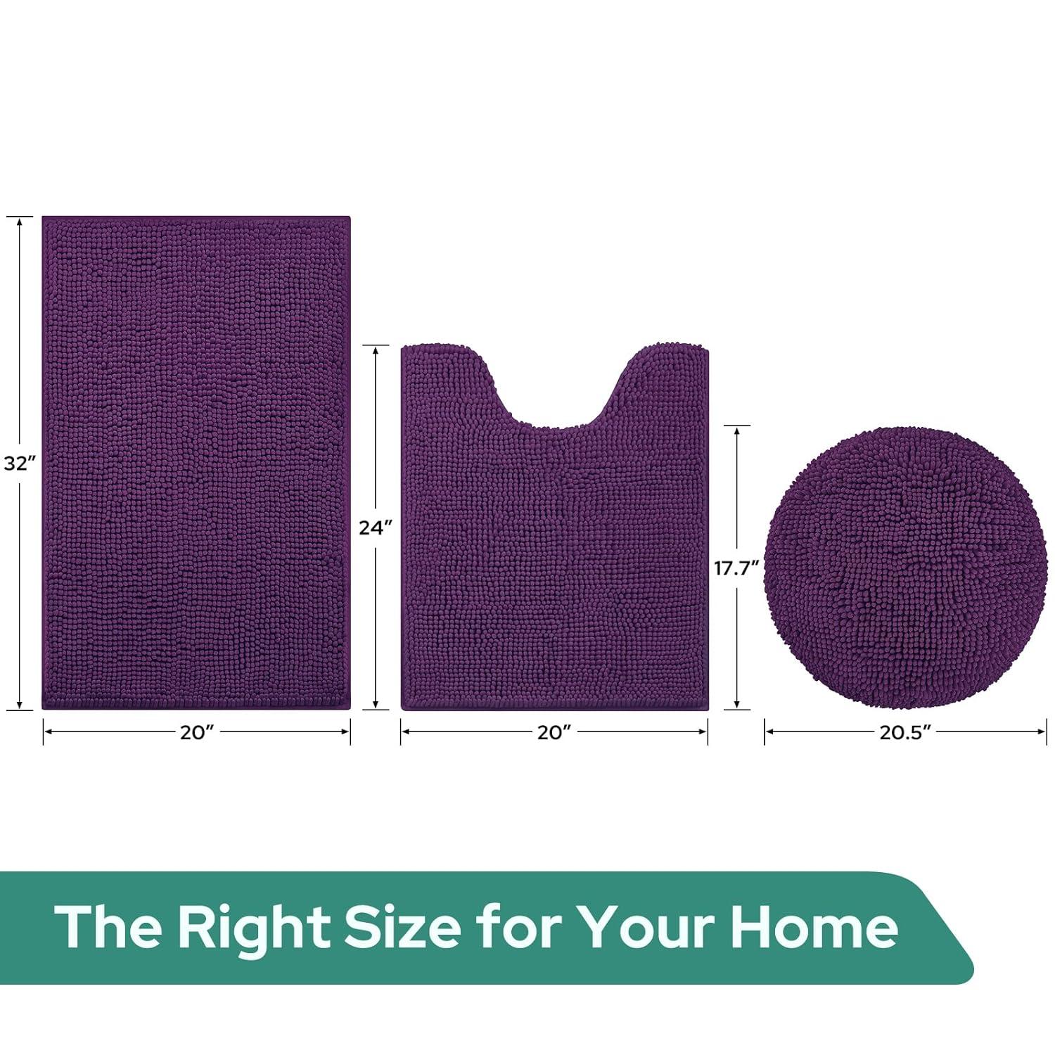 HOMEIDEAS 3 Pieces Dark Purple Bathroom Rugs Set, Ultra Soft Non Slip Bath Rug and Absorbent Chenille Bath Mat, Includes U-Shaped Contour Rug, Bath Mat and Toilet Lid Cover, Perfect for Bathroom Floor