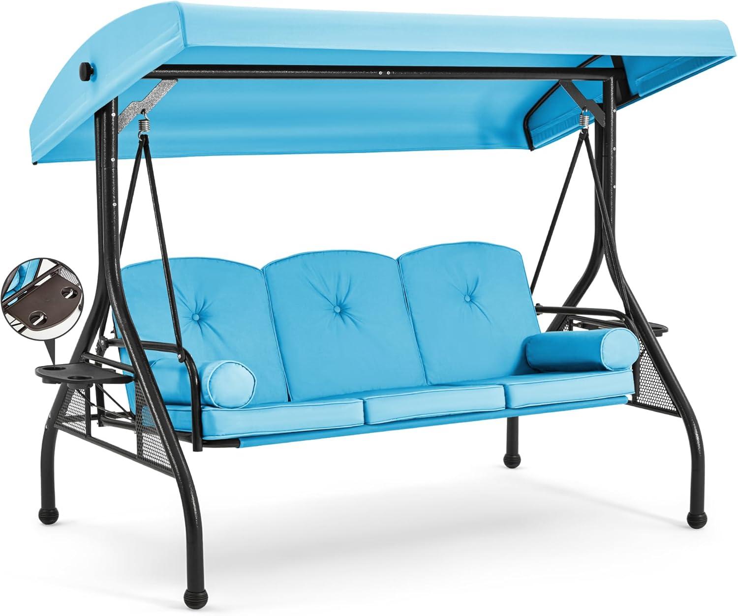 Kadyn Patio Swing Chair, Outdoor Swing Bench,3 Seat Outdoor Porch Swing with Adjustable Canopy-Blue