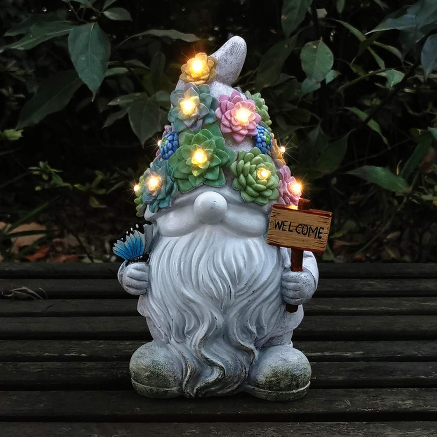 Solar Gnome Garden Statue with LED Lights and Welcome Sign