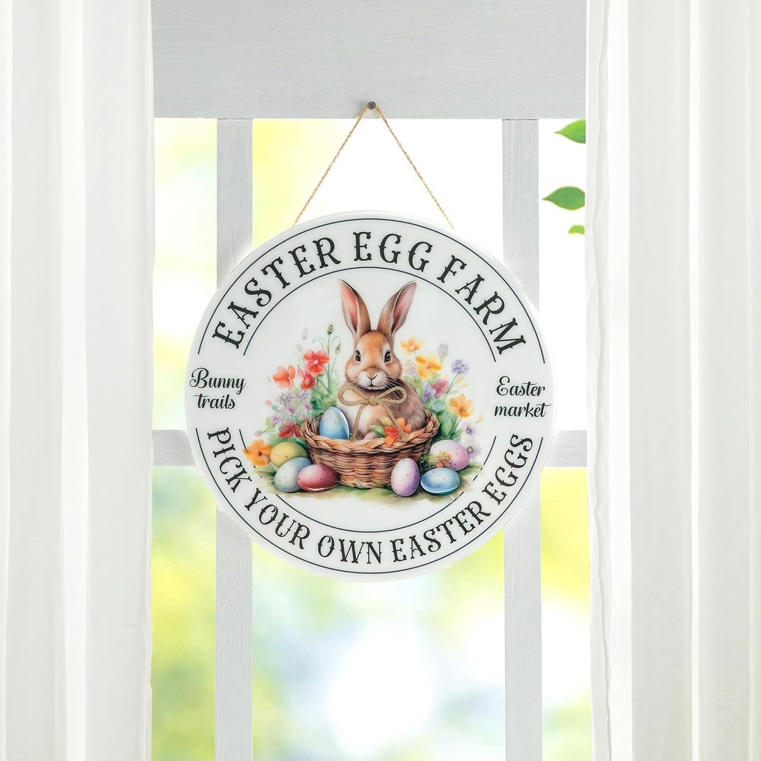 Glitzhome Easter Wooden Hanging Sign, 11.75"D Round Easter Bunny Eggs Sign Door Decoration, Rustic Easter Rabbit Wood Wreath Sign for Easter Spring Holiday Front Door Wall Farmhouse Porch Decor