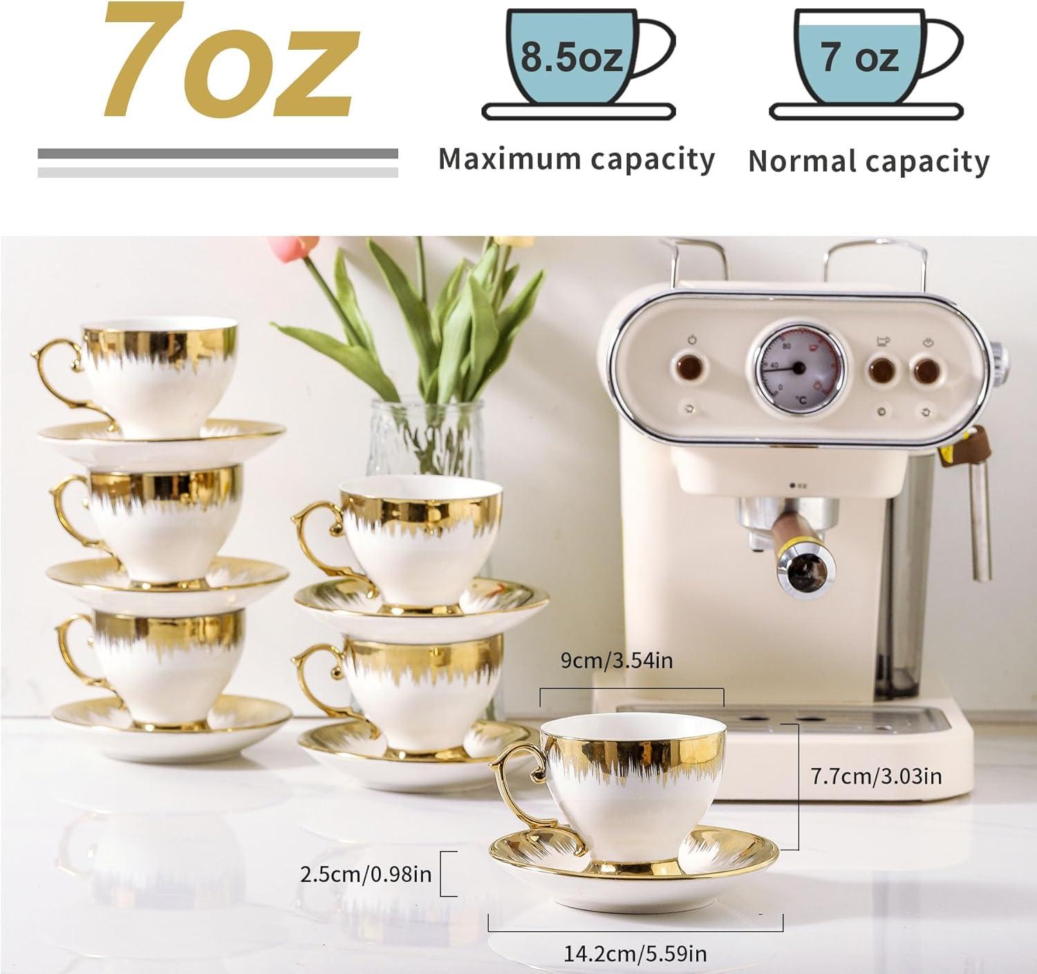 FAST APPLIANCES LLC Cappuccino Cups With Saucers, 7 Oz Porcelain Double Espresso Cups Set, Ceramic Turkish Coffee Cups With Trim, Tea Cups Set Of 6, Cafe Cups For Latte, Mocha, Au Lait