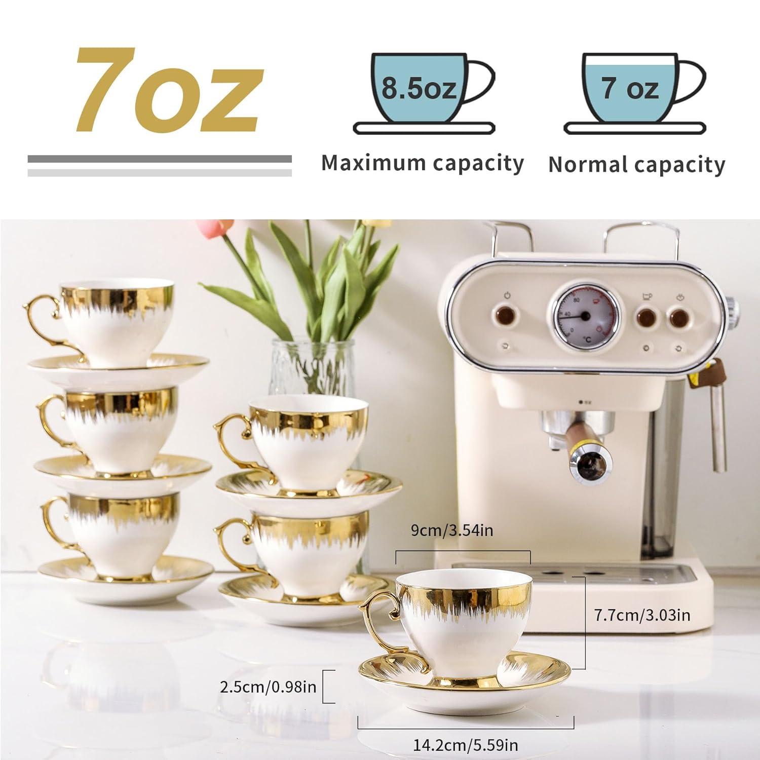 FAST APPLIANCES LLC Cappuccino Cups With Saucers, 7 Oz Porcelain Double Espresso Cups Set, Ceramic Turkish Coffee Cups With Trim, Tea Cups Set Of 6, Cafe Cups For Latte, Mocha, Au Lait