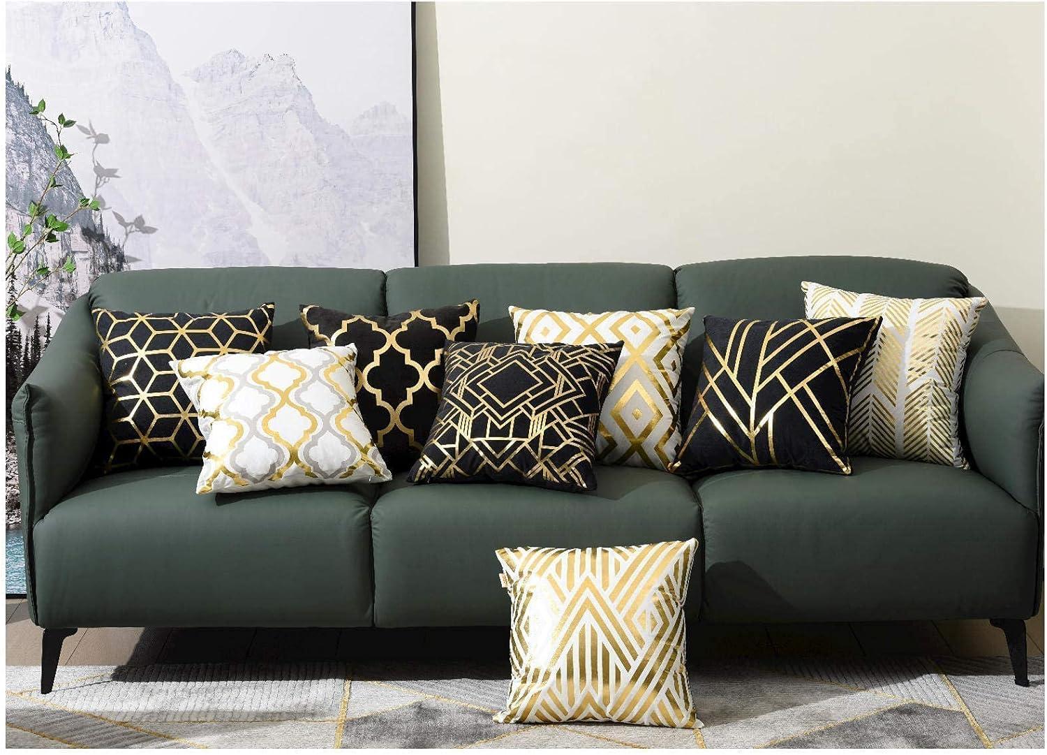 Efavormart Set Of 4 | 18" Black/Gold Foil Geometric Print Throw Pillow Covers, Velvet Square Sofa Cushion Covers