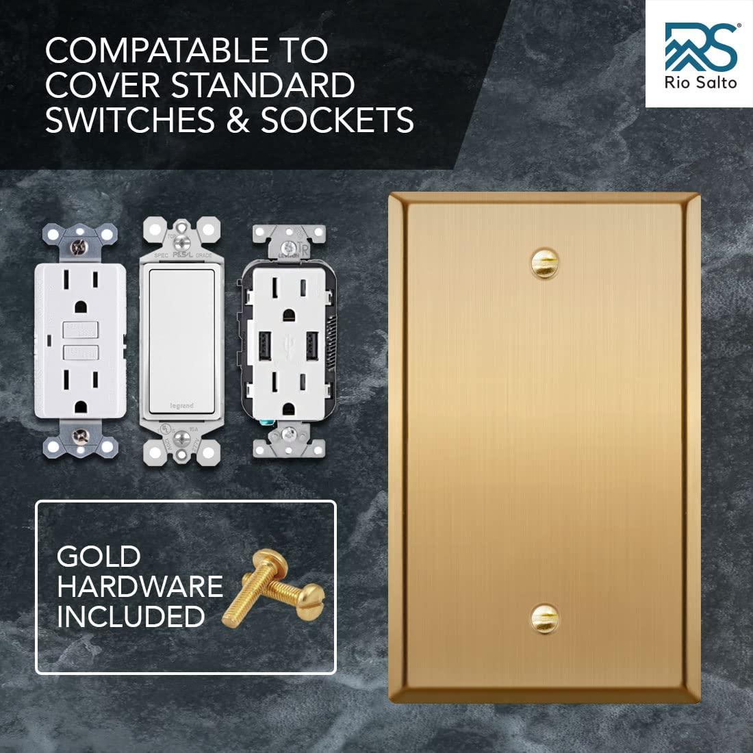 Rio Salto Metal Gold Blank Wall Plate, Blank Outlet Cover Corrosion Resistant Cover for Unused Outlets Wall Switch 1-Gang Covers Child Safe Device Outlet Safety, Standard Size, Genuine Brushed Brass