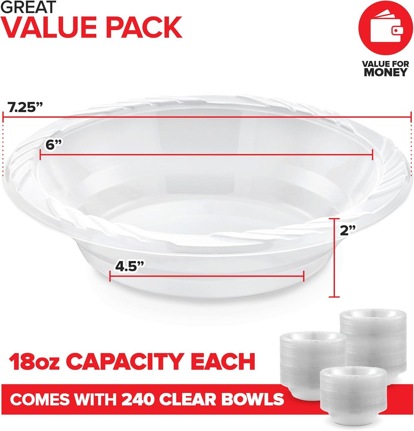 Elegant Clear Disposable Plastic Bowls for Parties, 18 oz, 240 Count