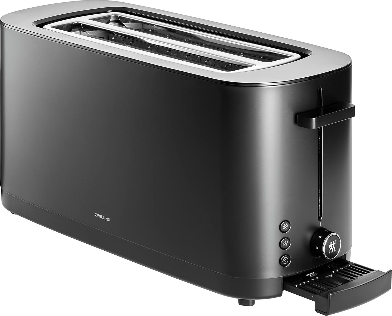 ZWILLING Enfinigy 2 Long Slot Toaster, 4 Slices with Extra Wide 1.5" Slots for Bagels, 7 Toast Settings, Even Toasting, Reheat, Cancel, Defrost, Black
