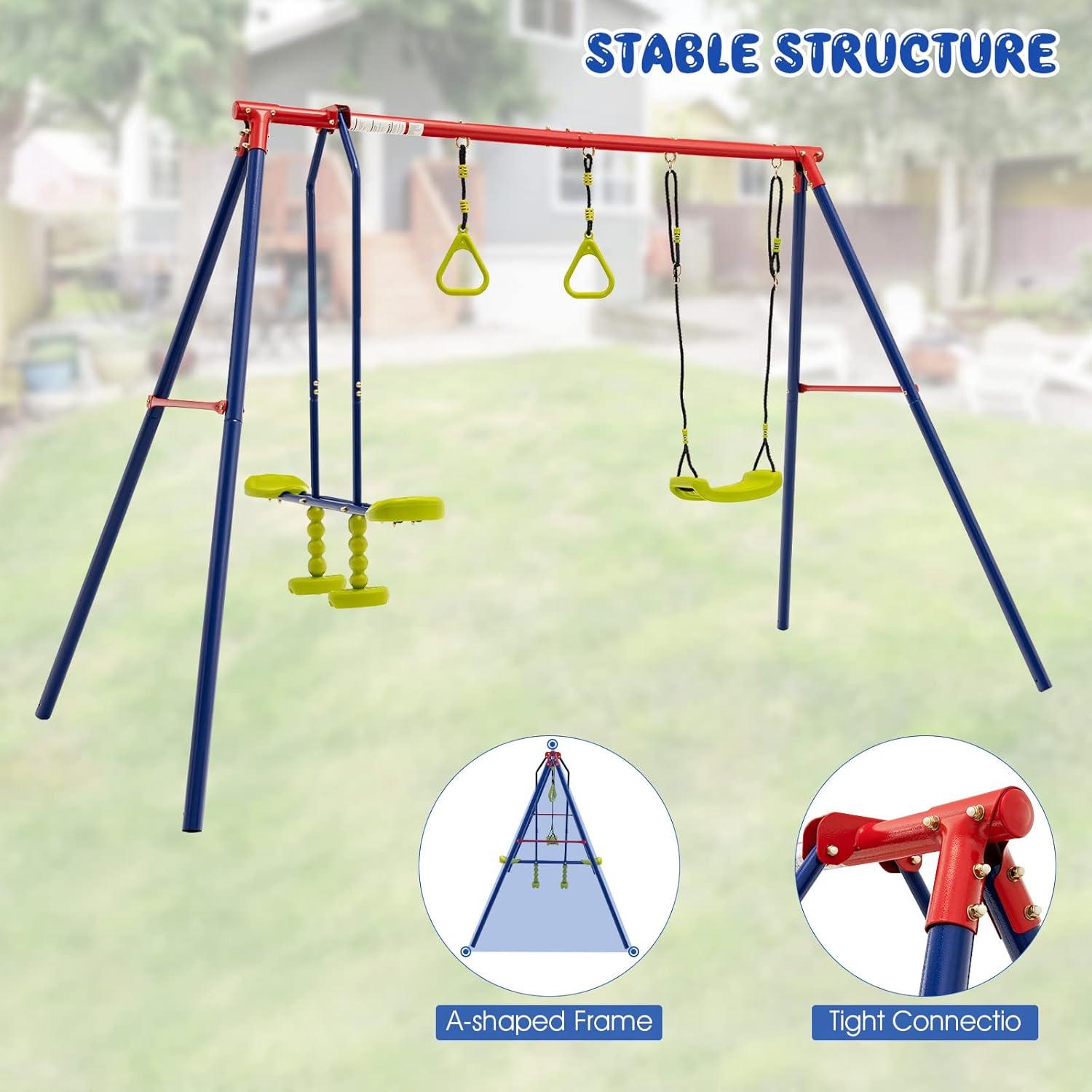 OLAKIDS Swing Sets for Backyard, Outdoor 3 in 1 A-Frame Heavy Duty Metal Stand for Kids and Adults, 440LBS Playground Activity Playset with Swing Seat, Glider, Trapeze Rings for Toddlers