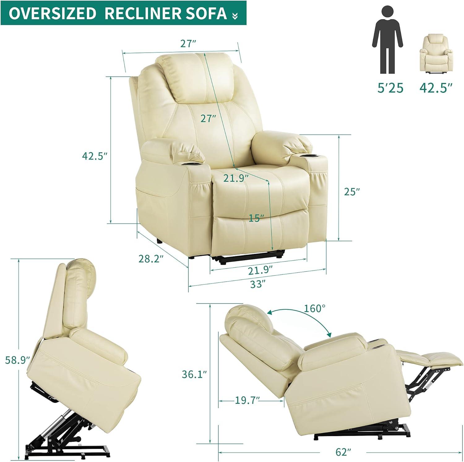 Beige Faux Leather Power Lift Recliner with Massage and Heat