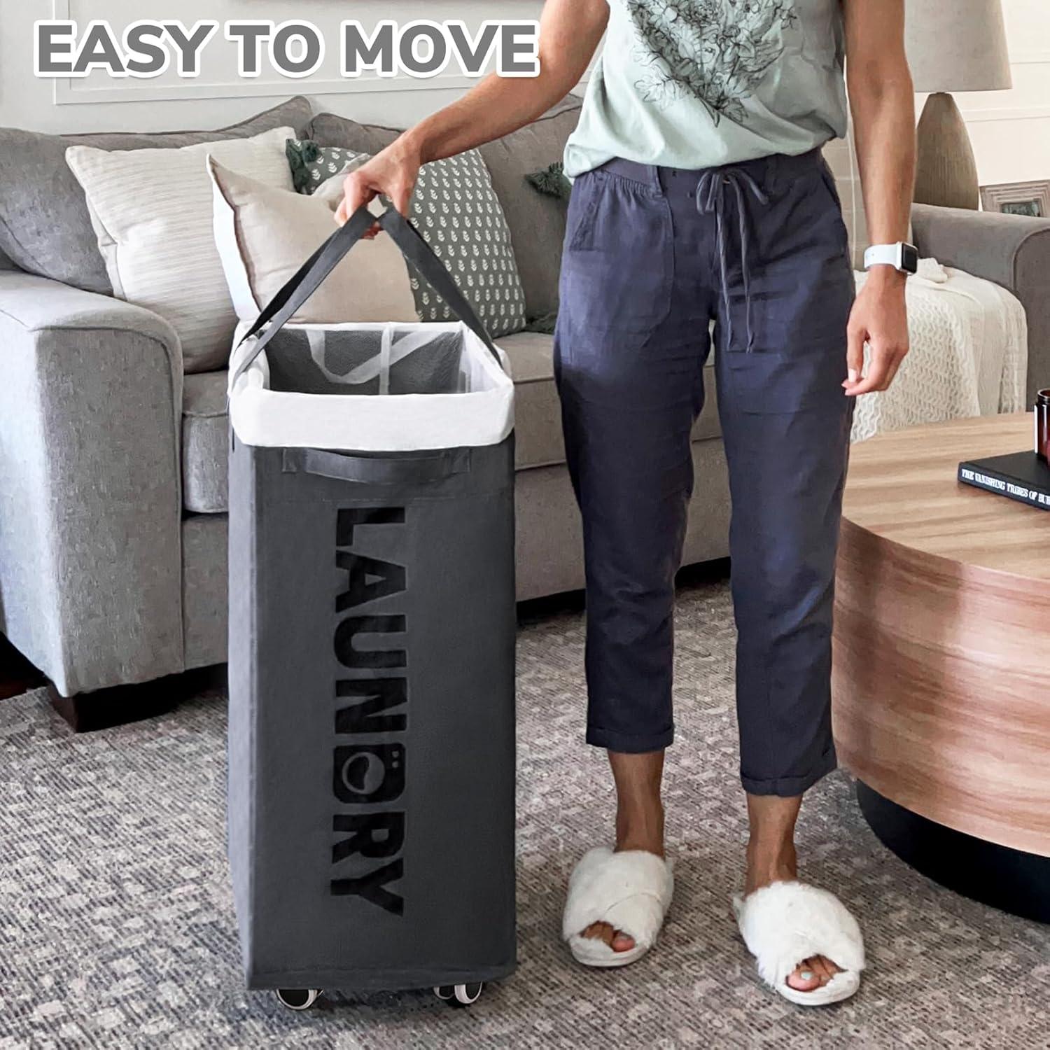 VOKIAL Laundry Basket With Wheels, 2PACK 75L Rolling Laundry Baskets With Removable Laundry Bags, Apartment Essentials, Collapsible Laundry Baskets, Laundry Bag, Corner Dorm Foldable Laundry Baskets, Slim Laundry Baskets