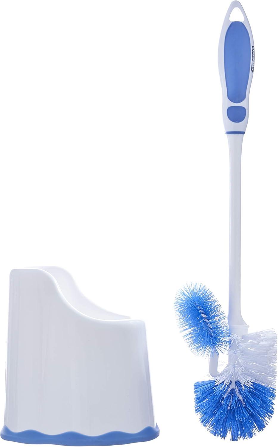 Superio Toilet Bowl Brush and Holder with Under Rim Cleaner for Bathroom, Toilet Brush and Caddy with Non Scratch Bristles and Under Rim Lip Brush, White and Blue (2 Pack)