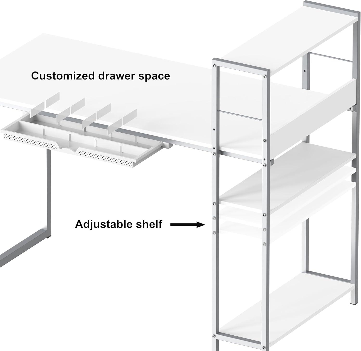 SHW 46-Inch Computer Desk with Adjustable Side Shelf and Drawer, 24" Deep, White