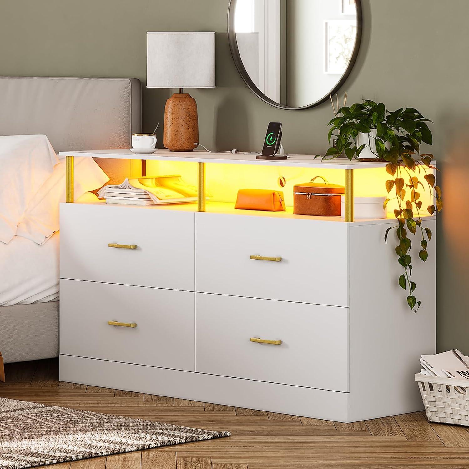 White Wood 4-Drawer Dresser with LED Lighting and Charging Station