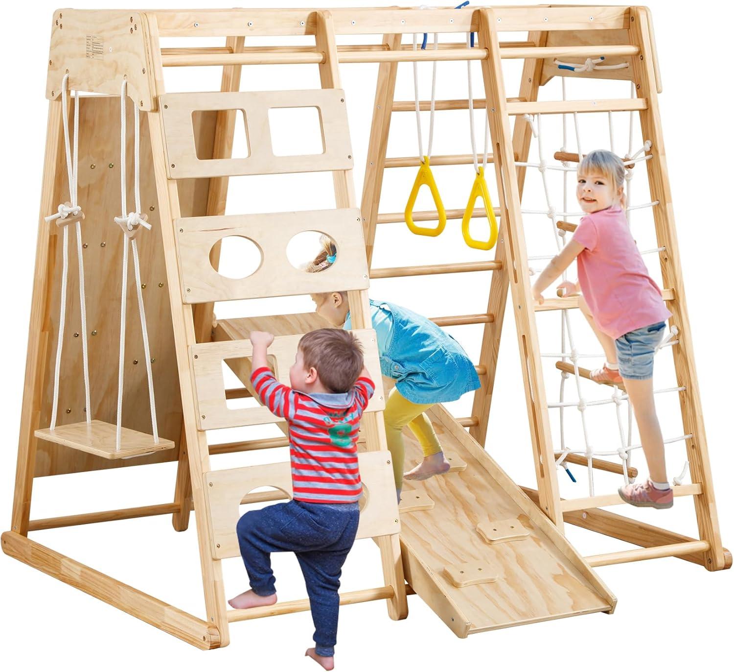 Toddler Indoor Wooden Gym 8 in 1 Indoor Playground Climbing Toy Set with Slide Swing Climbing Net Rings, Kids Indoor Playground Climbing Toys