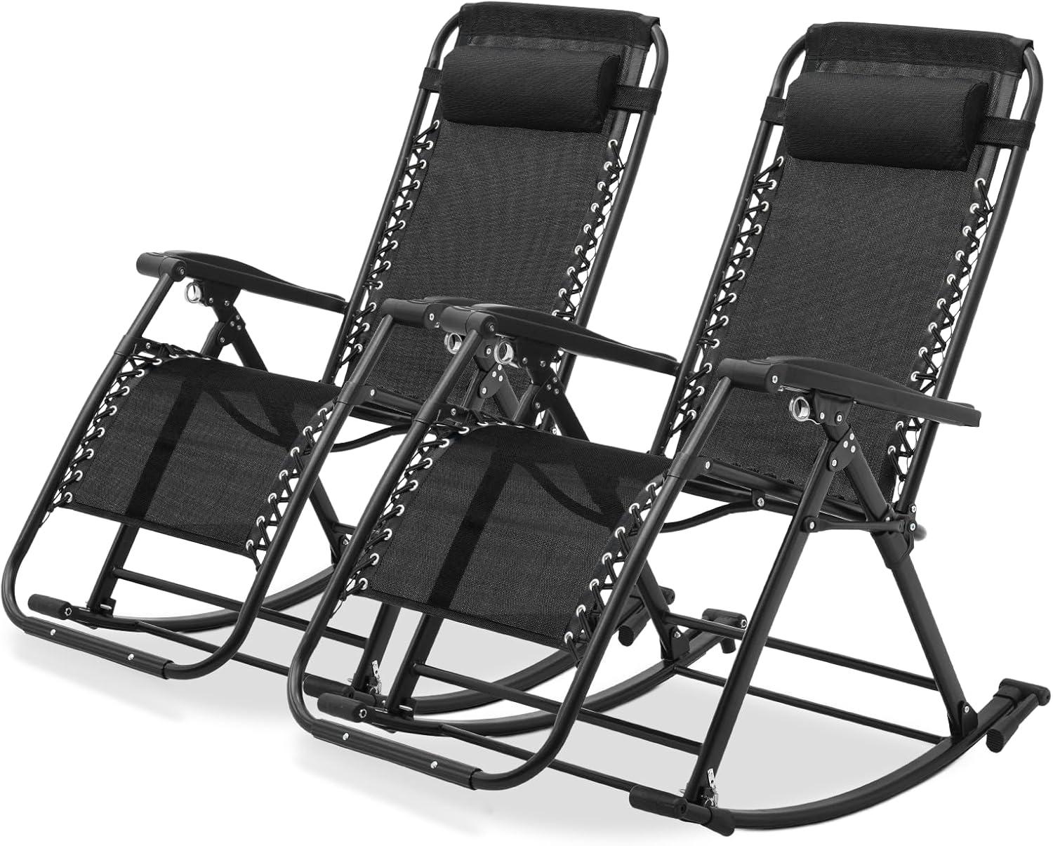 Magshion Set of 2 Zero Gravity Lounge Chairs, Adjustable Rocking Chairs with Pillow, Outdoor Beach Portable Foldable Recliner, Folding Lounge Rocker, Black