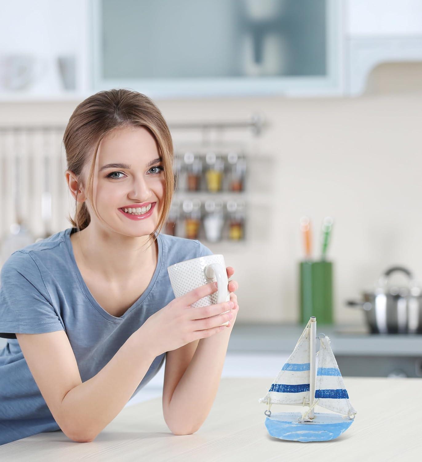 COTA Global Light Blue Stripes Sailboat Extra Small Decor – Handmade Wooden Boat Decor, Cute Beach Style Sail Boat Table Top Decor Living Room Centerpiece – 4.75 Inches