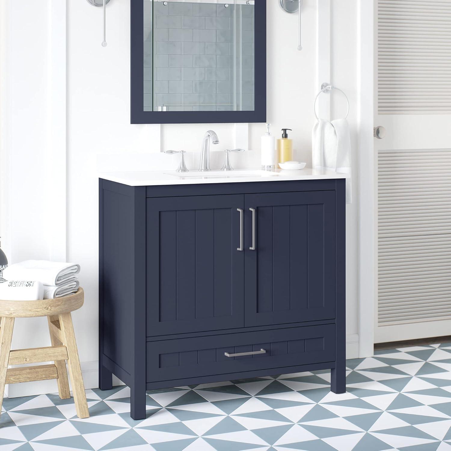 Midnight Blue 36" Freestanding Single Sink Bathroom Vanity with Marble Countertop