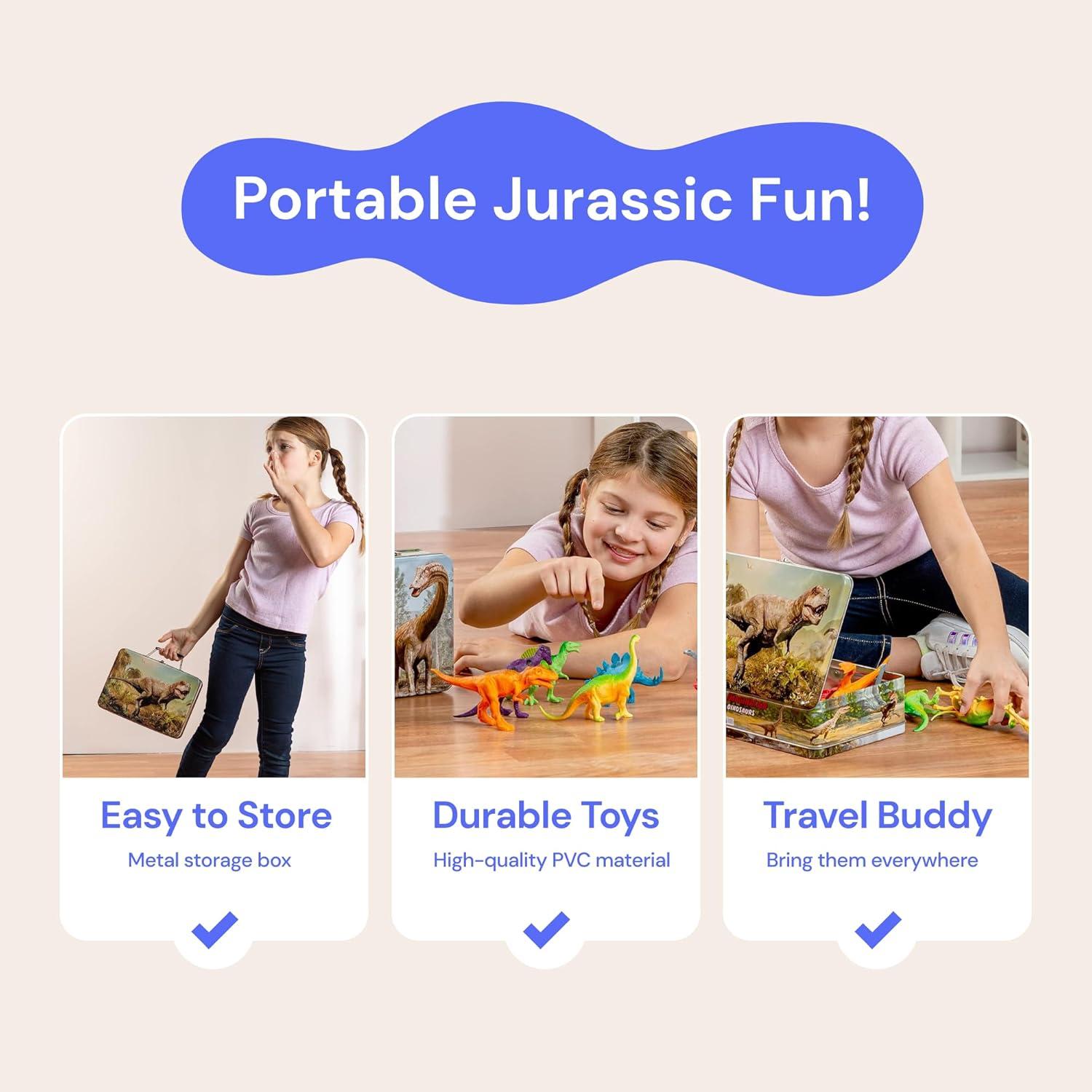 PLAYVIBE Dinosaur Toys for Kids - 12 Realistic Small Dinosaur Figures with Metal Storage Box & Soft Dino for Boys and Girls 3-7 Years - Spinosaurus Toddler Toys