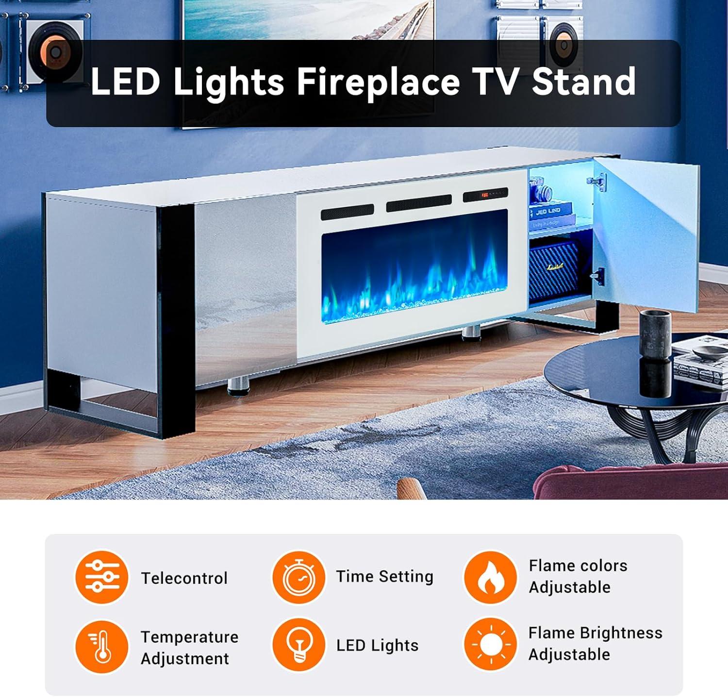 Hommow 70'' Fireplace TV Stand with 36'' Electric Fireplace, Entertainment Center, TV Console for TVs up to 80'' for Living Room, White