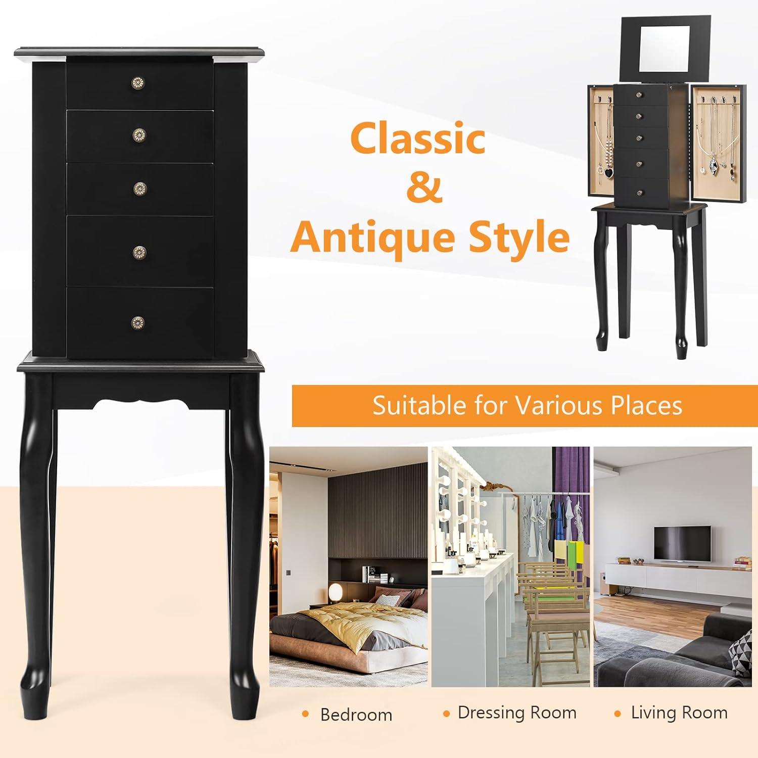 Giantex Jewelry Cabinet Armoire with Top Mirror, 5 Drawers, 2 Swing Doors, Wooden Jewelry Treasure Storage Chest with Large Storage, Standing Jewelry Organizer (Black)