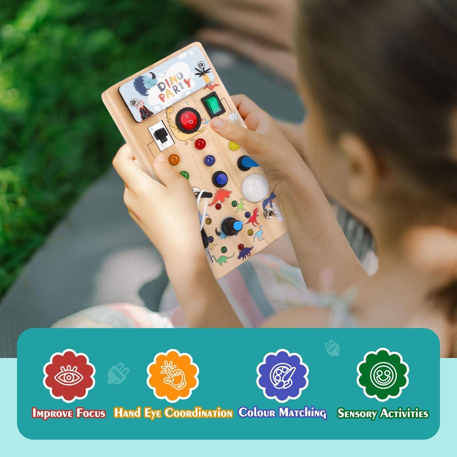 Montessori Wooden Busy Board with 8 LED Light switches, Sensory Toys Light Switch Travel Toys for 1+ Year Old Baby and Toddler