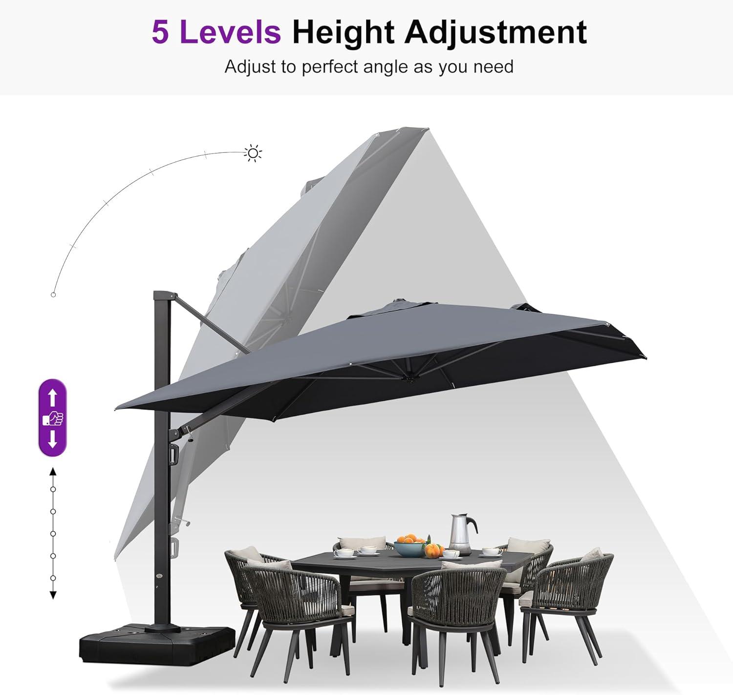 PURPLE LEAF 11 FT Square Patio Umbrella Large Cantilever Outdoor Aluminum Offset Umbrella with 360-degree Rotation for Garden Deck Backyard Pool, Grey