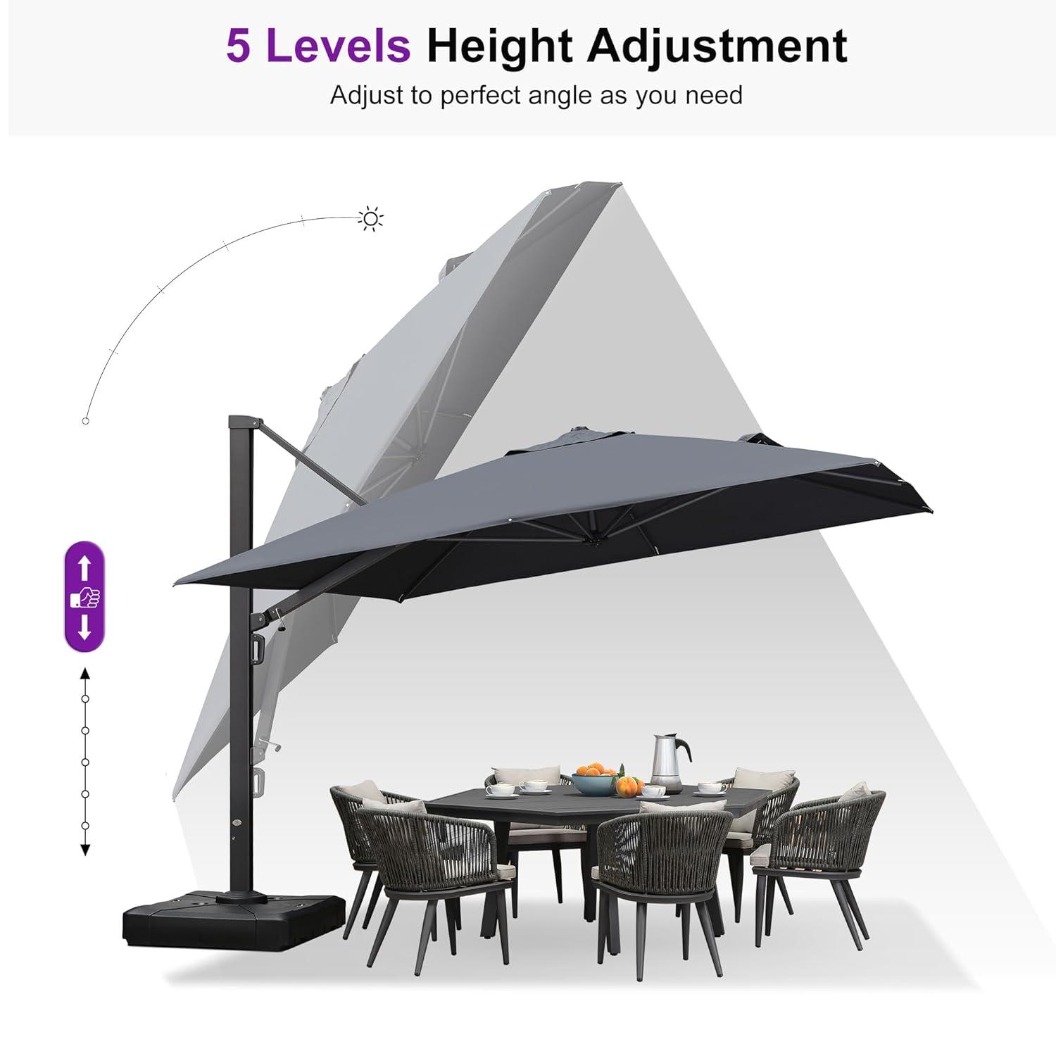 PURPLE LEAF 11 FT Square Patio Umbrella Large Cantilever Outdoor Aluminum Offset Umbrella with 360-degree Rotation for Garden Deck Backyard Pool, Grey