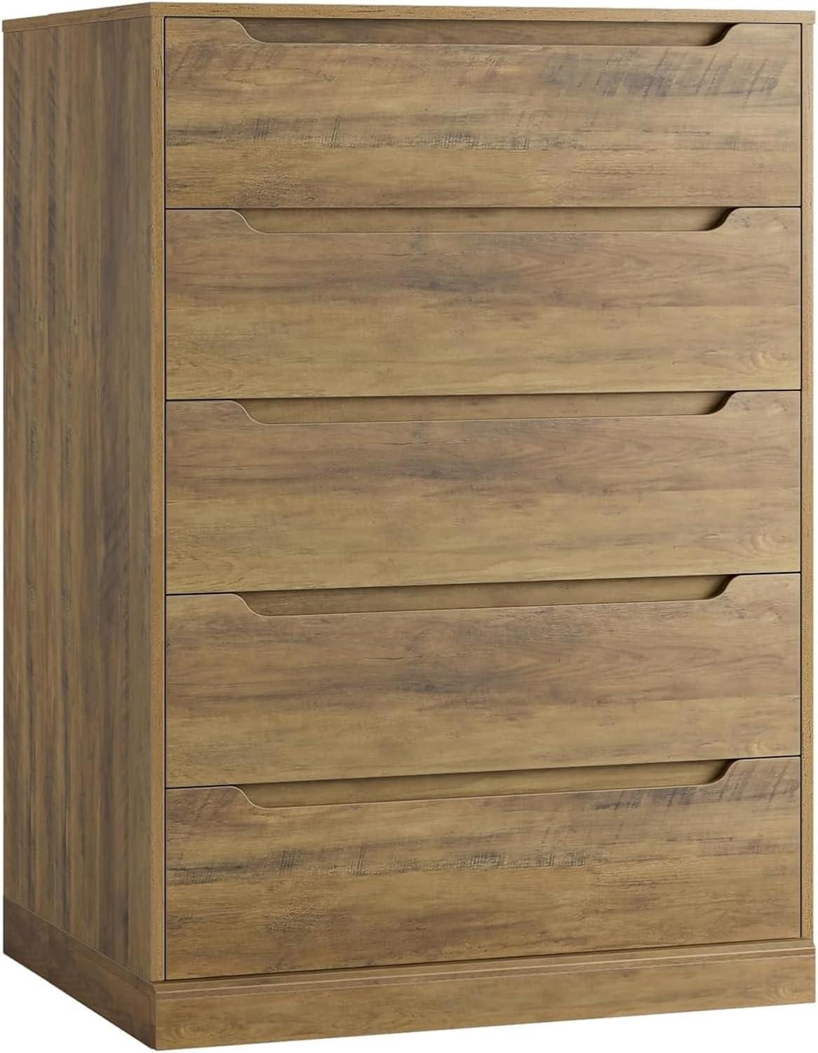 Homfa Dresser for Bedroom, Wood Storage Chest of 5 Drawers with Cutout Handles for Living Room, Rustic Brown