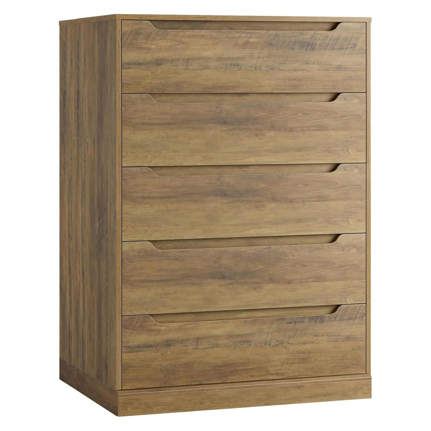 Homfa Dresser for Bedroom, Wood Storage Chest of 5 Drawers with Cutout Handles for Living Room, Rustic Brown