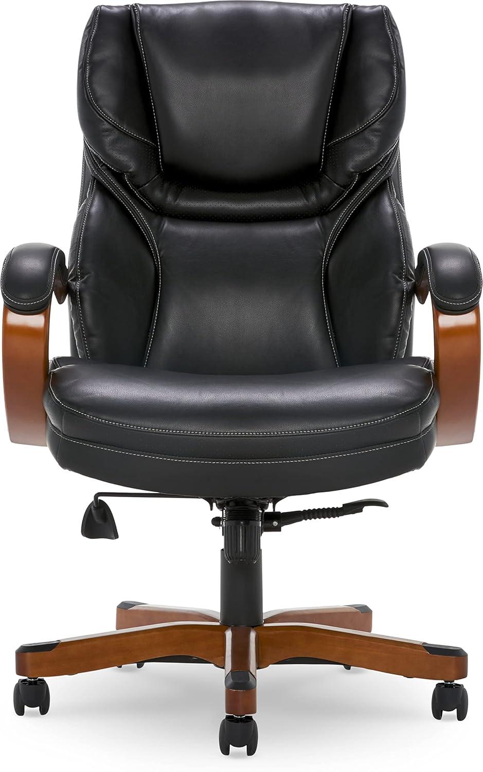Executive Office Chair in Black Bonded Leather - Serta: High-Density Foam, Fixed Arms, Wood Frame
