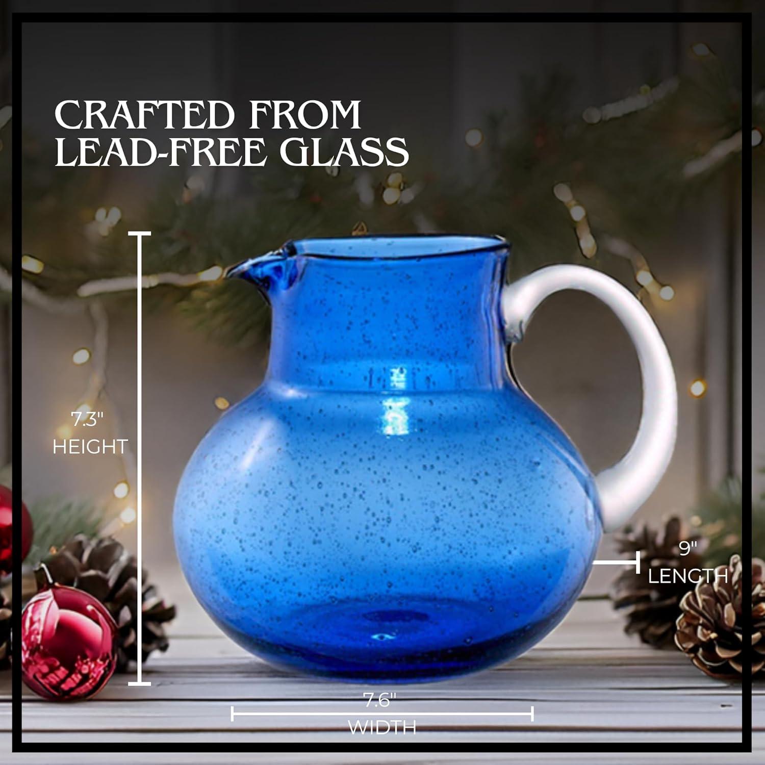 Artland Iris 90 Oz Handblown Glass Pitcher, Bubble Shape, Lead-Free, Versatile Drink Dispenser for Water, Cocktails, Dishwasher Safe - Cobalt Blue