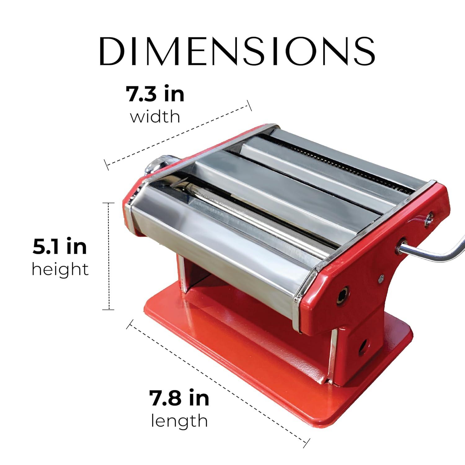 JS Gourmet - Manual Pasta Machine in Stainless Steel, 2 Adjustable Cutting Rollers, Red