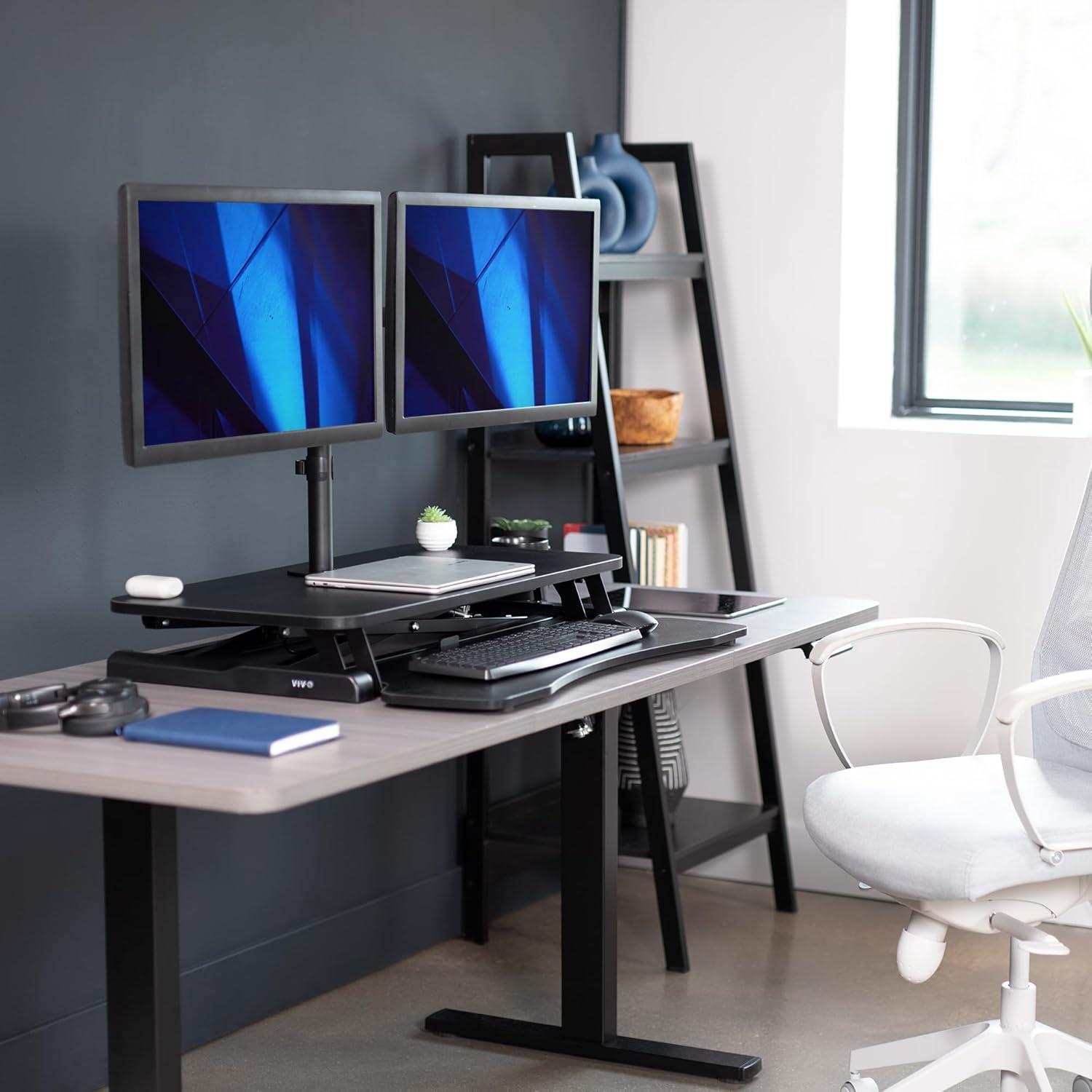 Black Adjustable Standing Desk Converter with Dual Monitor Mount