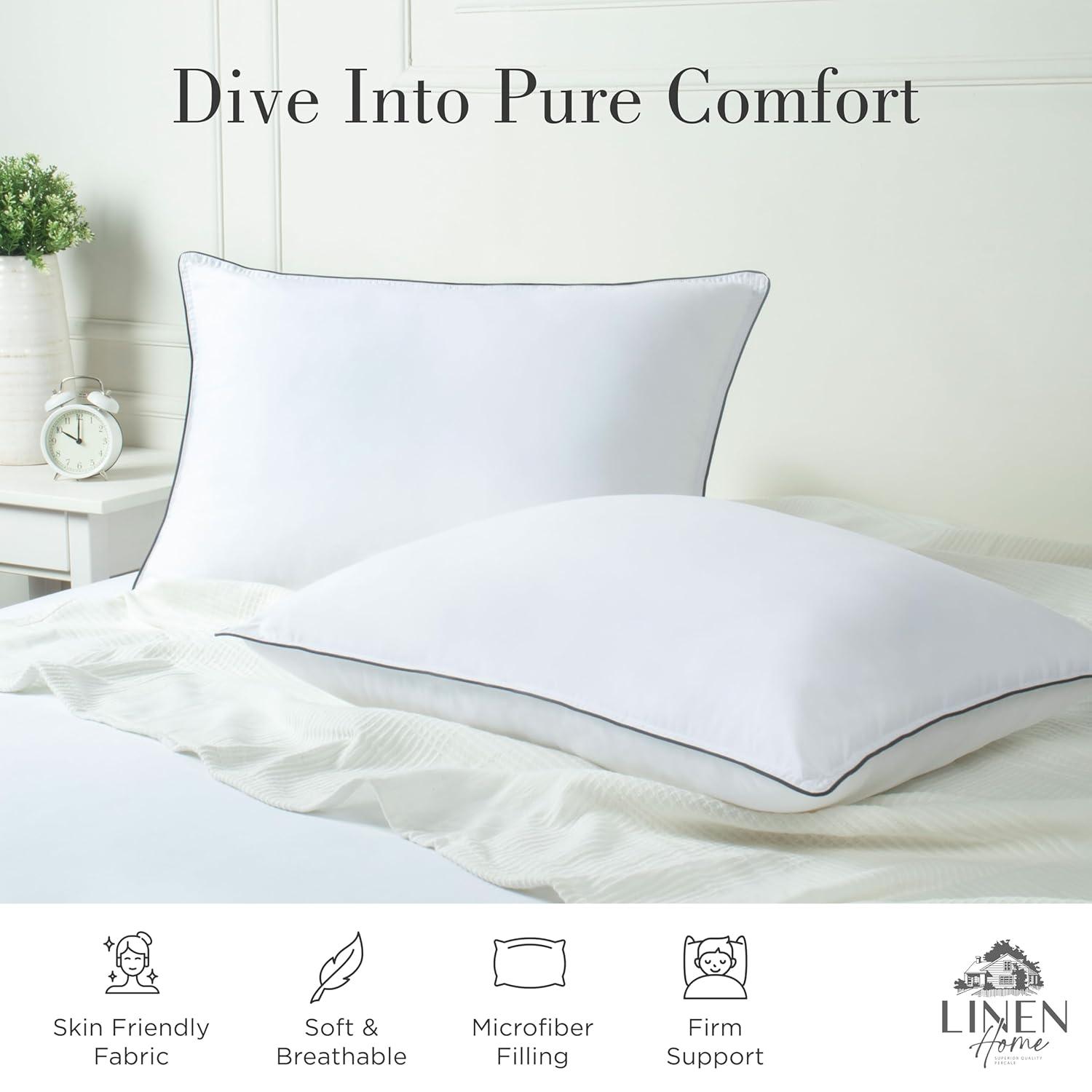 Linen Home Down Alternative Pillows with Grey Piping, Queen Size Pillows Set of 2, Bed Pillows for Side and Back Sleepers, Cooling Pillows for Sleeping, Ideal for Pillowcases Size - 20 X 30 inches