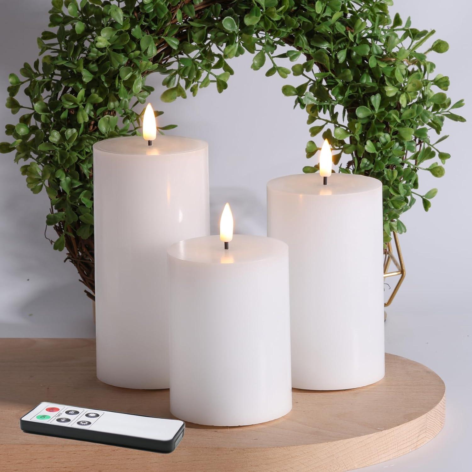 Eywamage 3 Pack White Flameless Pillar Candles with Remote D 3" H 4" 5" 6", Flat Top Flickering Electric LED Battery Candles, Real Wax Unscented