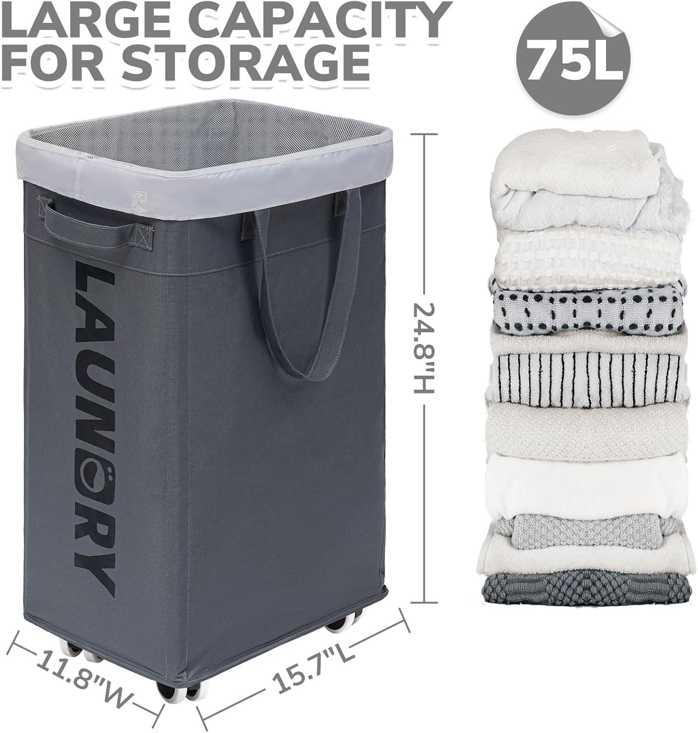 VOKIAL Laundry Basket With Wheels, 2PACK 75L Rolling Laundry Baskets With Removable Laundry Bags, Apartment Essentials, Collapsible Laundry Baskets, Laundry Bag, Corner Dorm Foldable Laundry Baskets, Slim Laundry Baskets