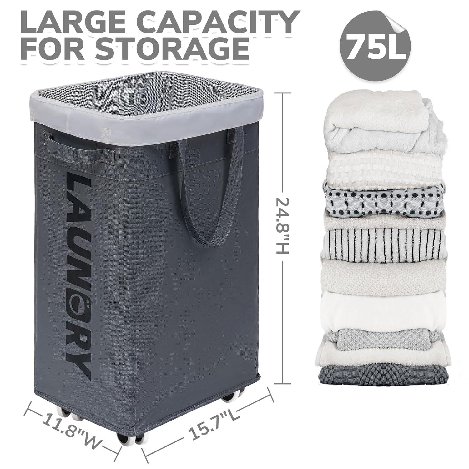 VOKIAL Laundry Basket With Wheels, 2PACK 75L Rolling Laundry Baskets With Removable Laundry Bags, Apartment Essentials, Collapsible Laundry Baskets, Laundry Bag, Corner Dorm Foldable Laundry Baskets, Slim Laundry Baskets
