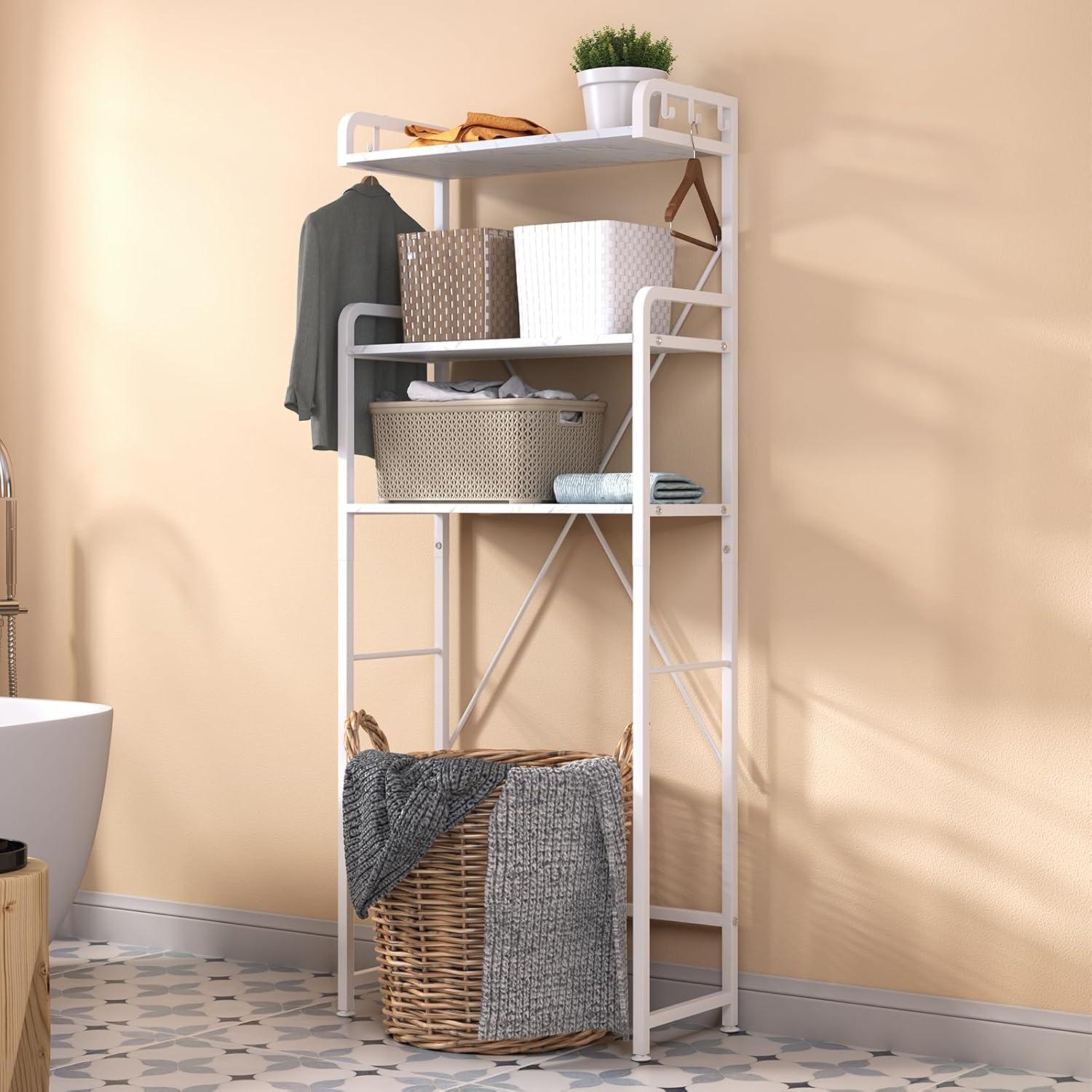 White Marble 3-Tier Over-the-Toilet Storage Rack with Hooks