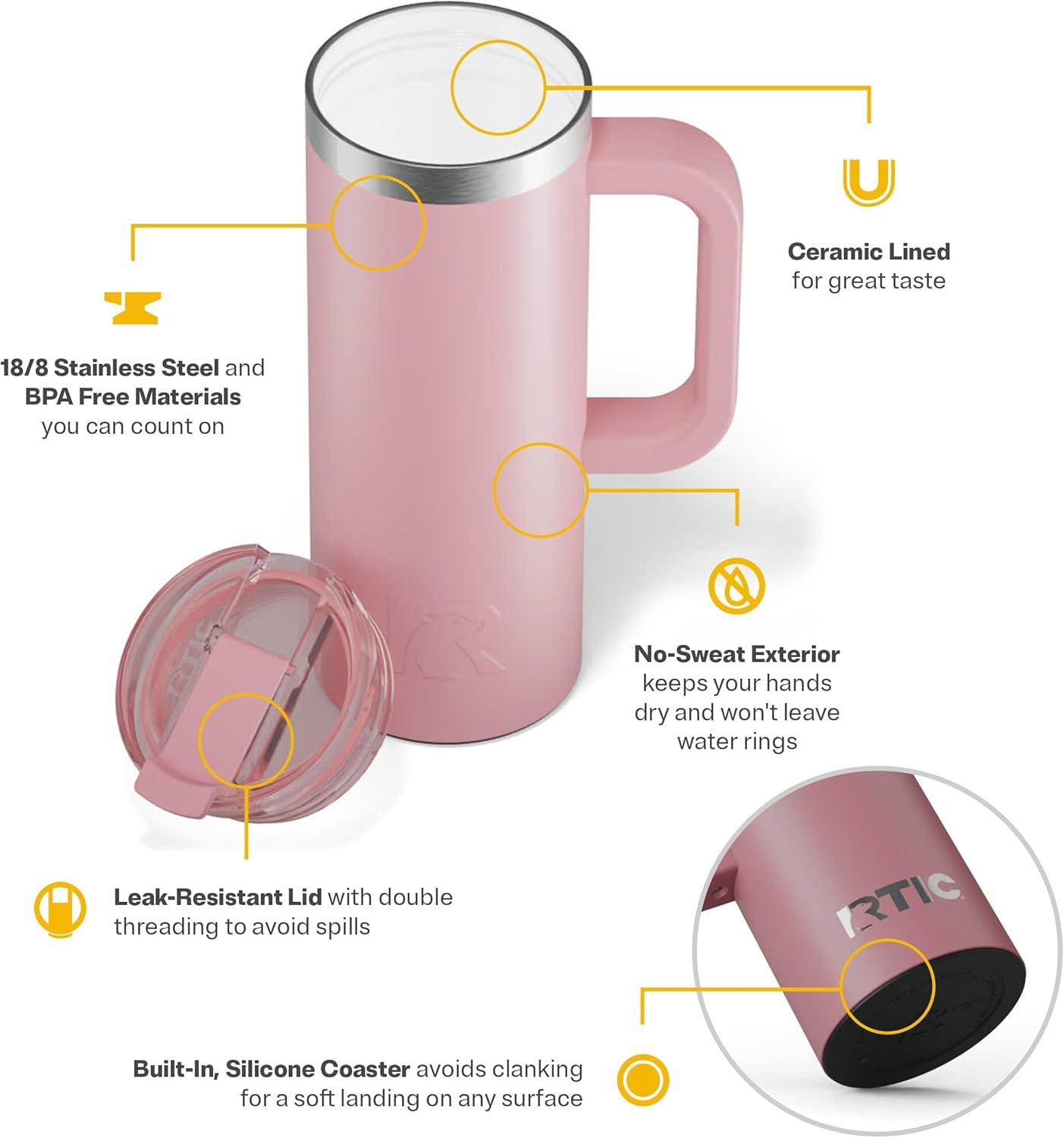 RTIC 20 oz Ceramic Lined Insulated Road Trip Travel Mug, Leak-Resistant Lid, Dusty Rose
